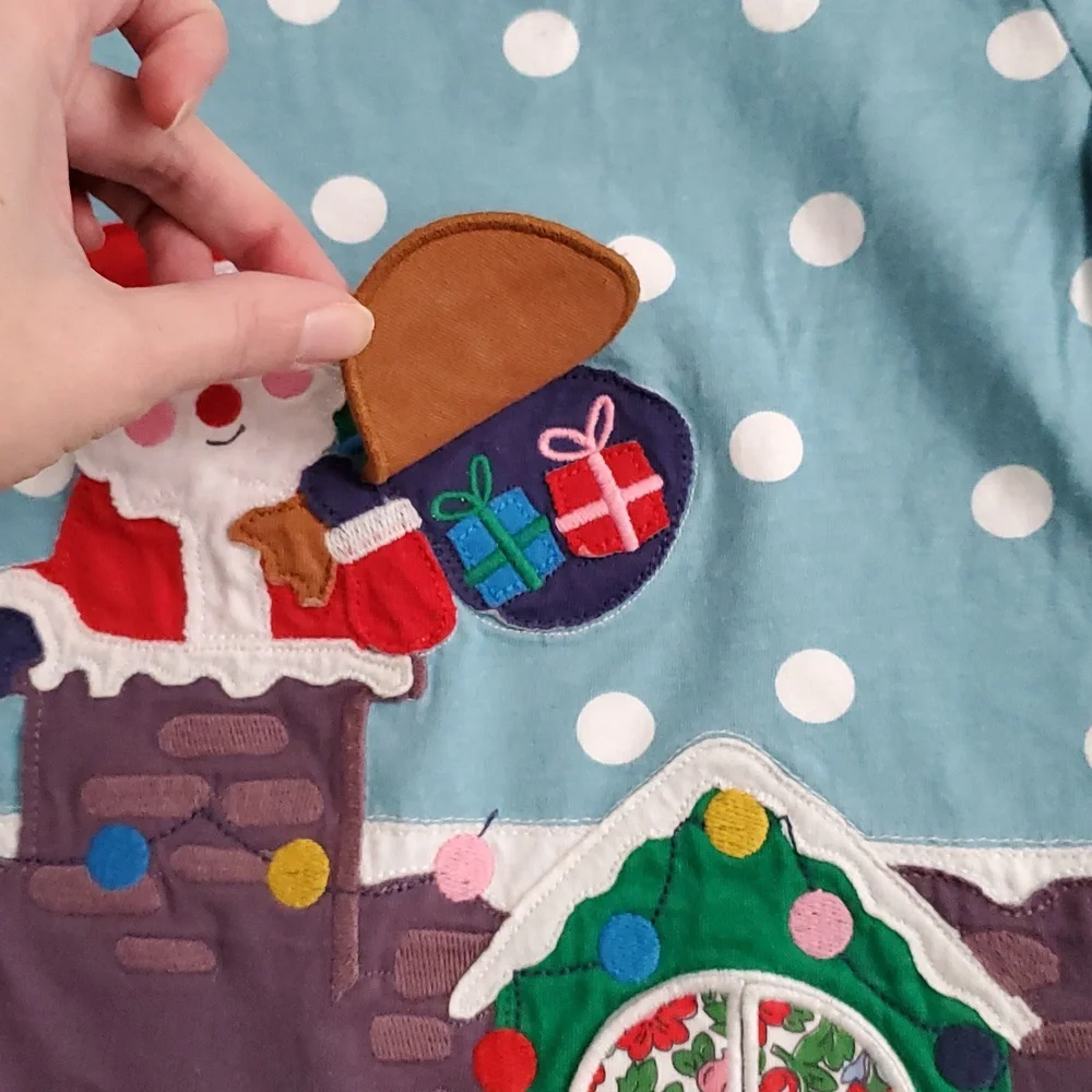 Mini Boden Girls Lift The Flap Christmas Applique Santa Top Shirt Blue Sz4-5y